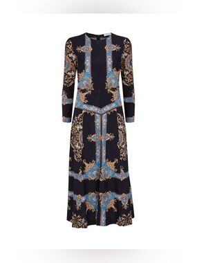 Sandro Paris Liventa long-sleeved black midi dress blue gold scarf print Sz 2